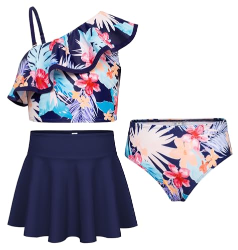 GRACE KARIN Mädchen Bikini Set Kinder 3 Teilige Tankini mit Rock Rüschen Badeanzüge Marineblaues Blumenmuster 8 Jahre von GRACE KARIN