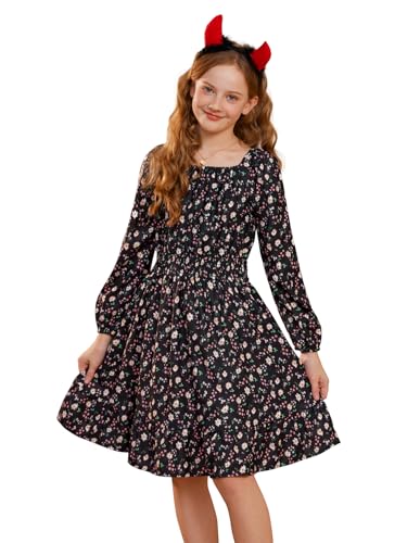 GRACE KARIN Mädchen Blumen Midikleid Frühling Herbst A-Linie Kleid Lange Laternenärmel Schwarz 6 Jahre von GRACE KARIN