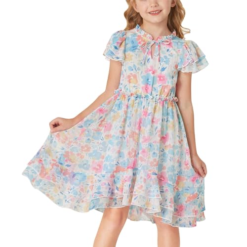 GRACE KARIN Mädchen Blumenkleid Kinder A-Linie Freizeitkleid mit Rüschensaum Lässig Sommerkleid 6-12 Jahre Blau rosa Blumen 12 Jahre von GRACE KARIN