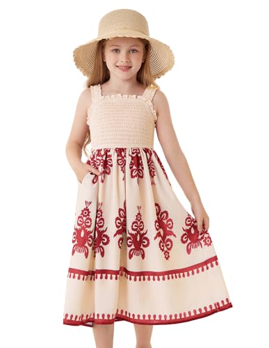 GRACE KARIN Mädchen Bohemian Sommer Langkleid Ärmellos Elastische Träger Quadrat-Ausschnitt Kleid Beige 7-8 Jahre von GRACE KARIN