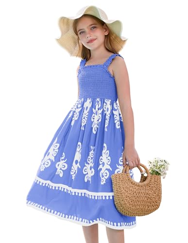 GRACE KARIN Mädchen Bohemian Sommer Langkleid Ärmellos Elastische Träger Quadrat-Ausschnitt Kleid Hellblau 6-7 Jahre von GRACE KARIN