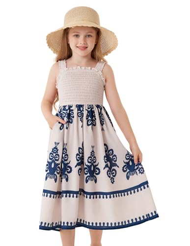 GRACE KARIN Mädchen Bohemian Sommer Langkleid Ärmellos Elastische Träger Quadrat-Ausschnitt Kleid Weiß 5-6 Jahre von GRACE KARIN