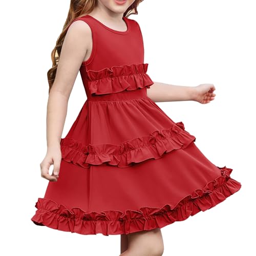 GRACE KARIN Mädchen Casual Einfarbig A-Linie Kleid Rundhals Sommerkleid Rüschen Partykleid Rot 8 Jahre von GRACE KARIN