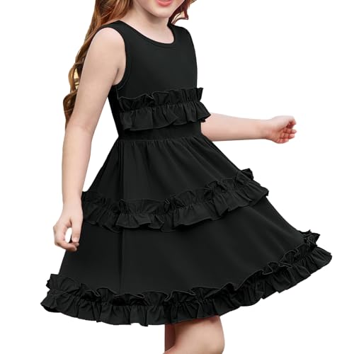 GRACE KARIN Mädchen Casual Einfarbig A-Linie Kleid Rundhals Sommerkleid Rüschen Partykleid Schwarz 8 Jahre von GRACE KARIN