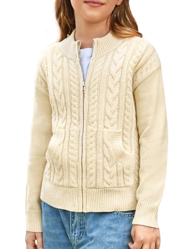 GRACE KARIN Mädchen Casual Knitted Cardigan Langarm Rundhals Strickjacke mit Reißverschluss Winter Strick Pullover Aprikose 14 Jahre von GRACE KARIN