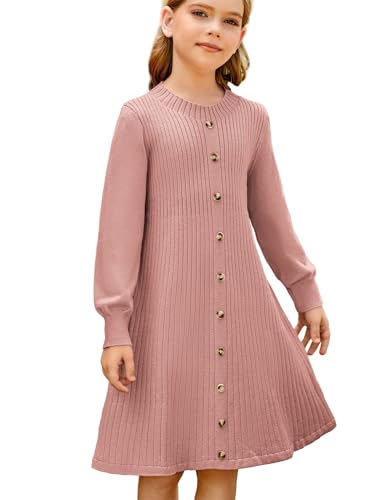 Mädchen Casual Langarm Rundhals Kleid Strickkleid Lange Ärmel Rundhalsausschnitt mit Knopfleiste Rot 6-7 Jahre von GRACE KARIN