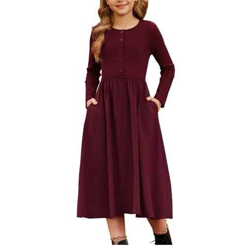 GRACE KARIN Mädchen Casual Rundhals Kleid Langarm Rundhals Midikleid mit Taschen Dunkelrot 7 Jahre von GRACE KARIN