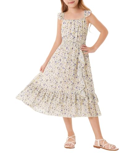 GRACE KARIN Mädchen Casual Sommerkleid Ärmellos Prinzessin A-Linie Kleid Aprikosenhintergrund lila Blüten 8 Jahre von GRACE KARIN