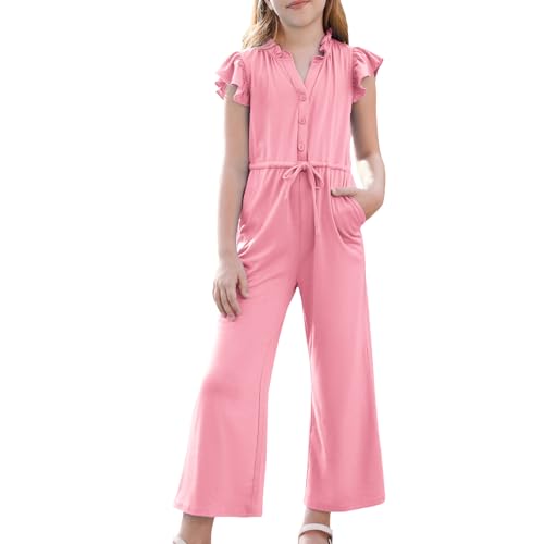 GRACE KARIN Mädchen Causal Jumpsuits mit Flügelärmel Sommer V-Neck Overalls Rosa 10 Jahre von GRACE KARIN