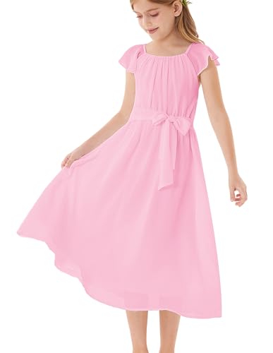 GRACE KARIN Mädchen Chiffon-Maxikleid V-Rücken ärmellos A-Linie Partykleid mit elastischer Taille Rosa 5-6 Jahre von GRACE KARIN