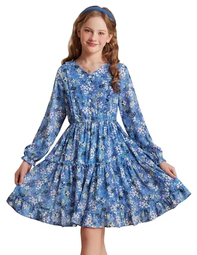 GRACE KARIN Mädchen Chiffonkleid A-Linie Blumen Midikleid Langarm V-Ausschnitt Freizeitkleider Blau 6 Jahre von GRACE KARIN