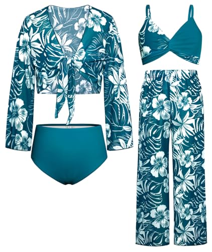 GRACE KARIN Mädchen Dreiteiliger Tankini Rüschen Badeanzug Kinder Bikini Set Rosa Palme 12 Jahre von GRACE KARIN