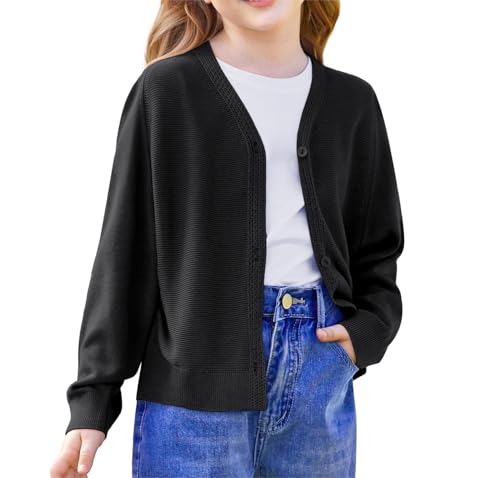 GRACE KARIN Mädchen Dünne Vorne Offen Strickjacke Locker Knopfleiste Cardigan Schwarz 6 Jahre von GRACE KARIN