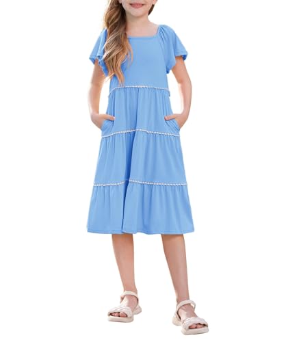 GRACE KARIN Mädchen Elastischer Taille Sommerkleid Rüschenärmel A-Linie Kleid Hell Blau 10 Jahre von GRACE KARIN
