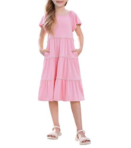 GRACE KARIN Mädchen Elastischer Taille Sommerkleid Rüschenärmel A-Linie Kleid Hell Rosa 10 Jahre von GRACE KARIN