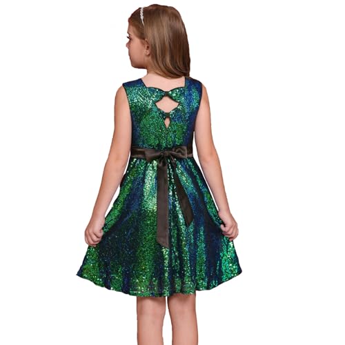 GRACE KARIN Mädchen Elegant Pailletten Partykleid Ärmellos A-Linie Rundhals Kleid Schwarz-Blaugrün Pailletten 14 Jahre von GRACE KARIN