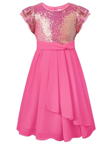 GRACE KARIN Mädchen Elegant Pailletten Partykleid Sommer A-Linie Flügelärmel Partykleid Dunkelrosa 10 Jahre von GRACE KARIN