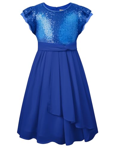 GRACE KARIN Mädchen Elegant Pailletten Partykleid Sommer A-Linie Flügelärmel Partykleid Königsblau 10 Jahre von GRACE KARIN