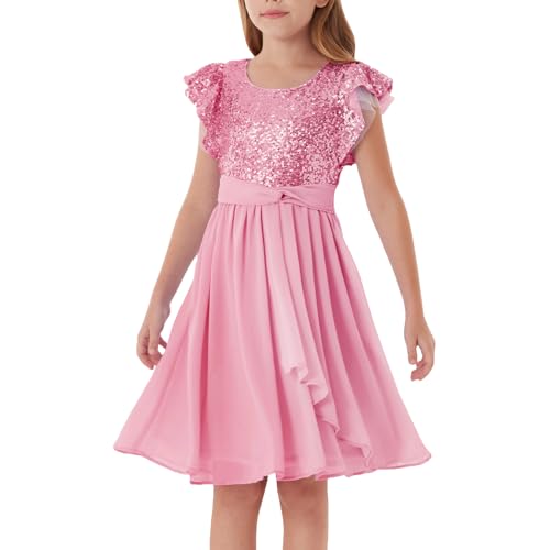 GRACE KARIN Mädchen Elegant Pailletten Partykleid Sommer A-Linie Flügelärmel Partykleid Rosa 10 Jahre von GRACE KARIN