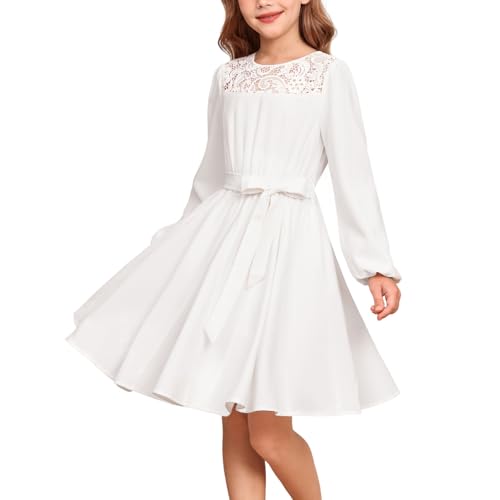 GRACE KARIN Mädchen Elegant Puff Rundhals Partykleid A-Linie Mesh Rundhals Casual Kleid Weiß 6 Jahre von GRACE KARIN