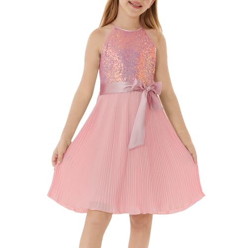GRACE KARIN Mädchen Elegant Sommer A-Linie Kleid Neckholder Ärmellos Pailltten Kleid Hellrosa 12 Jahre von GRACE KARIN