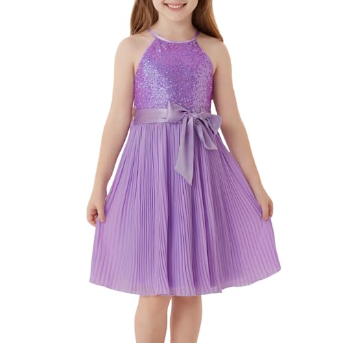 GRACE KARIN Mädchen Elegant Sommer A-Linie Kleid Neckholder Ärmellos Pailltten Kleid Hellviolett 12 Jahre von GRACE KARIN