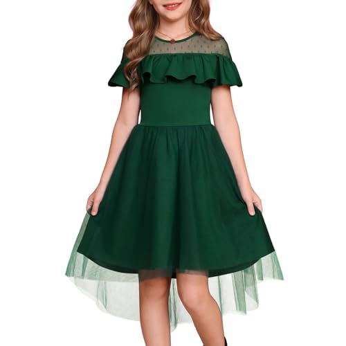GRACE KARIN Mädchen Elegant Tüll Cocktailkleid mit Gürtel Rundhals Rüschen Partykleid Dunkelgrün 8 Jahre von GRACE KARIN