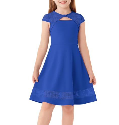GRACE KARIN Mädchen Elegante Rundhals Spitzenkleid Kurzarm A-Linie Sommerkleid Blau 10 Jahre von GRACE KARIN