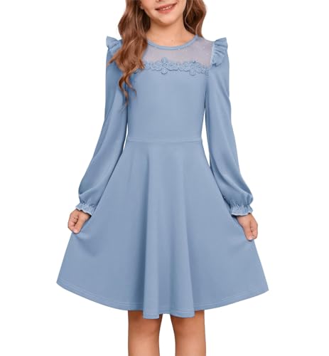 GRACE KARIN Mädchen Elegantes Kleid Langarm A-Linie Tüll Spitze Rundhals Partykleid Hell Blau 12 Jahre von GRACE KARIN