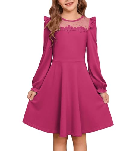 GRACE KARIN Mädchen Elegantes Kleid Langarm A-Linie Tüll Spitze Rundhals Partykleid Rosenrot 12 Jahre von GRACE KARIN