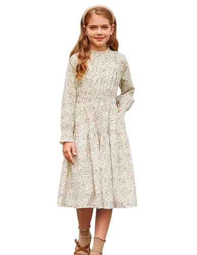 GRACE KARIN Mädchen Elegantes Schulkleid Langarm Blumenkleid Maxi Swing Kleid mit Rüschenausschnitt Beige 8-9 Jahre von GRACE KARIN