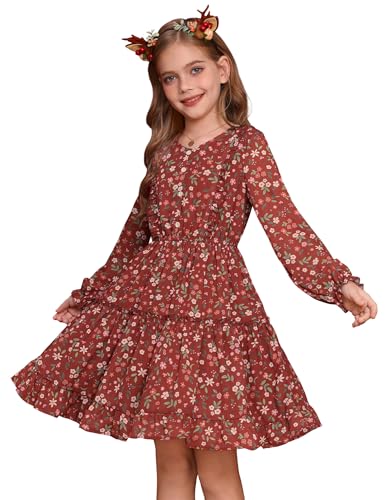 GRACE KARIN Mädchen Elegantes Schulkleid Langarm Chiffon A-Linie Blumenkleid für Kinder Rot 6-7 Jahre von GRACE KARIN