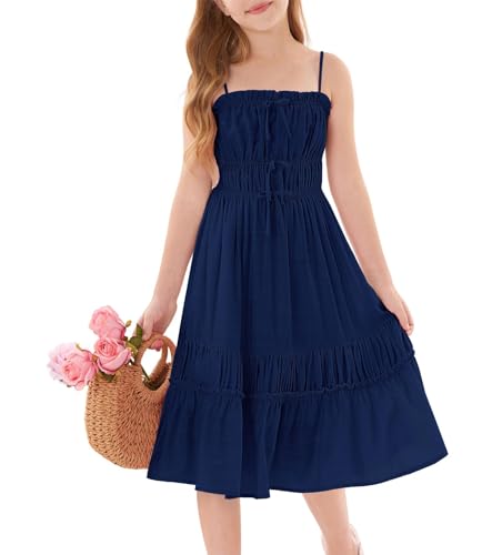 GRACE KARIN Mädchen Elegantes Trägerkleid Kinder Sommer Baumwolle Freizeitkleid Festliches Kleid Marine Blau 8 Jahre von GRACE KARIN