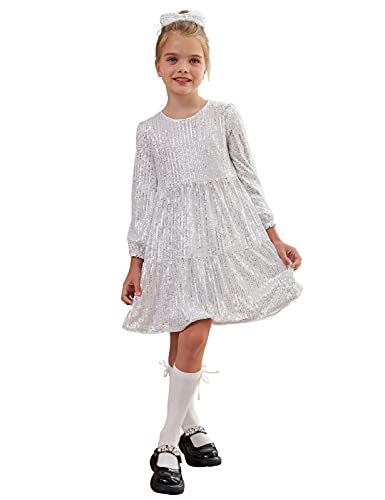 GRACE KARIN Mädchen Festlich Ballkleid Prinzessin Kleid Langarm Prinzessin Kleid Partykleid Geburtstag mit Haarschleife Silber 10 Jahre CL0682A21-03 von GRACE KARIN