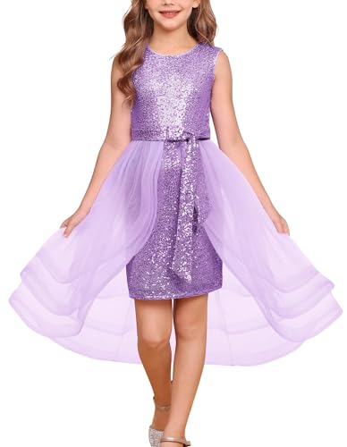 GRACE KARIN Mädchen Festlich Kleid mit Pailletten und Tüll Ärmellos Kinder Partykleider Tüllkleid Prinzessin Partykleid Ballkleid Rosa Lila 6 Jahre von GRACE KARIN