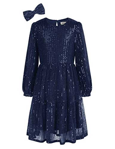 GRACE KARIN Mädchen Festlich Pailletten Kleid Festlich Ballkleid Langarm Prinzessin Kleid mit Haarschleife Navy blau 6 Jahre CL0682A21-07 von GRACE KARIN