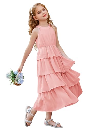 GRACE KARIN Festliches Kleid Mädchen Casual Kleid Festliches Hochzeit Partykleid Neckholder Kleider Prinzessin Kleid Kuchenrock Chiffon Maxikleid Hell Orange rosa 14 Jahre CL2772S24-02 von GRACE KARIN