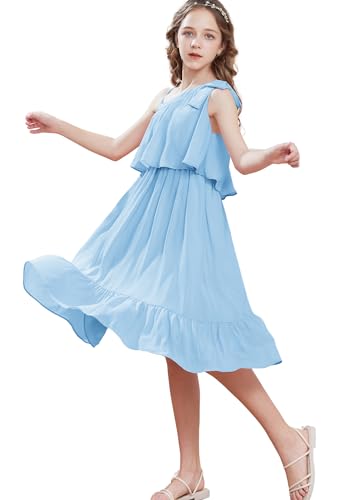 GRACE KARIN Mädchen Festliches Kleid 134 Elegant Eine Schulter Kinder Blau Prinzessin Hochzeit Blumenmädchen Party Einschulung Kleid 140 Sommer A-Line von GRACE KARIN