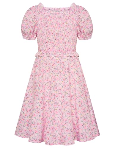 GRACE KARIN Mädchen Festliches Kleid Kurzarm Quadratischer Ausschnitt Puffärmel A-Linie Blumenkleid Kinder Sommerkleid Prinzessin Partykleid Baumwolle Kleine rosa Blumen 10 Jahre von GRACE KARIN