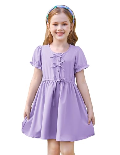 GRACE KARIN Mädchen Flared Kleid Kurzarm Rundhals A-Linie Legeres Midi Kleid mit Taschen Lila 6-7 Jahre von GRACE KARIN