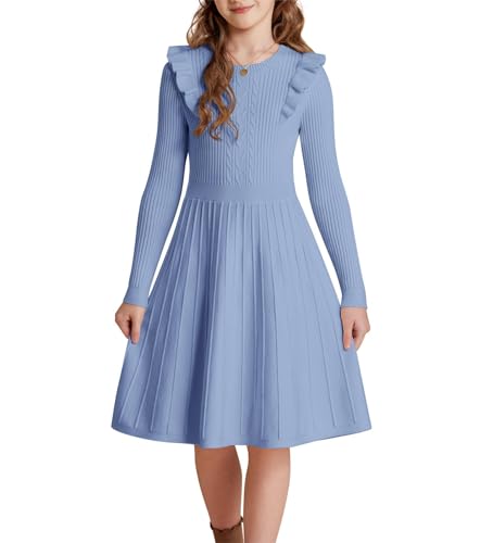 GRACE KARIN Mädchen Gestricktes Kleid mit Rüschenärmel Zopfmuster Plisseerock Hell Blau 6 Jahre von GRACE KARIN