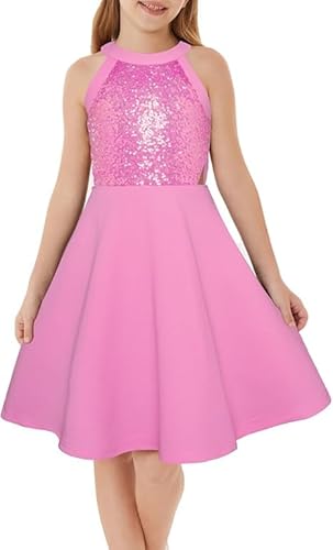 GRACE KARIN Mädchen Glitzer Festkleid Ärmellos Ausgeschnittene Schultern Rundhals A-Linien Kleid Knielang Party Abendkleid Rosenrot14 Jahre von GRACE KARIN