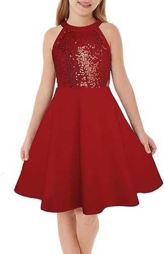 GRACE KARIN Mädchen Glitzer Kleid Pailletten Partykleider Ärmellos Partykleid A-Linie Kleid Neckholder Ausschnitt Elegant Prinzessin Kleid Rot 10 Jahre von GRACE KARIN