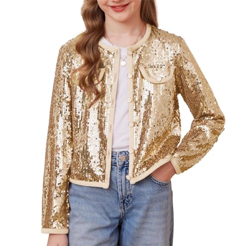 GRACE KARIN Mädchen Glitzer Kurzjacke Pailletten Rundhals Festlich Langarm Gold 10 Jahre von GRACE KARIN