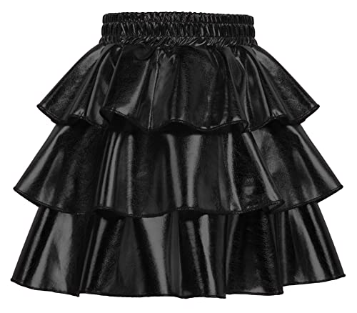 GRACE KARIN Mädchen Glitzer Lederrock Paillettenrock Elastischer Tanzrock mit Hoher Taille Gestufter Mini Skort Schwarz 6 Jahre von GRACE KARIN