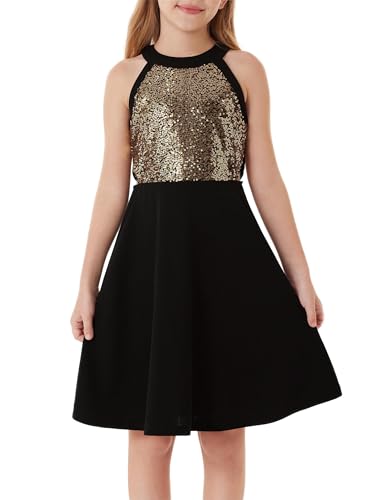 GRACE KARIN Mädchen Glitzer Pailletten Party A-Linie Kleid Ärmellos Hängender Ausschnitt Kleid Elegant Prinzessin Kleider Schwarz 12 Jahre von GRACE KARIN