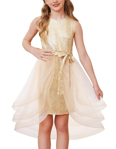 GRACE KARIN Mädchen Glitzer Pailletten Party Kleid Ärmellos Prinzessinnenkleid Geburtstagspartykleid Blumenmädchen Kleid Champagne Gold 12 Jahre von GRACE KARIN