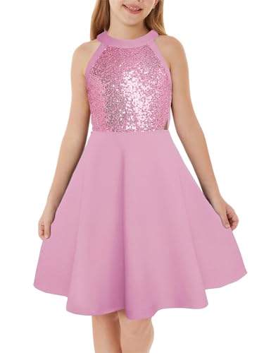 GRACE KARIN Mädchen Glitzer Partykleid Ausgeschnittene Schultern Rundhals A-Linien Kleid Hellrosa 10 Jahre von GRACE KARIN