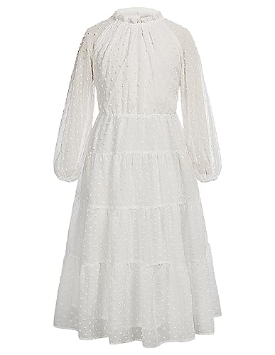 GRACE KARIN Mädchen Herbst&Winter A-Linie Schweizer Punkt Kleid Rüschen Rundhals Langarm Midikleid Weiß 6 Jahre von GRACE KARIN