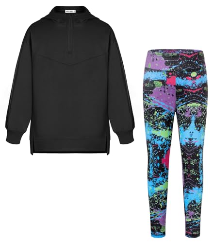 GRACE KARIN Mädchen Herbstkleidung Freizeit Langarm Entspannte Hoodie Leggings Mit Muster Schulanfang Bekleidungsset Schwarz 13-14 Jahre von GRACE KARIN